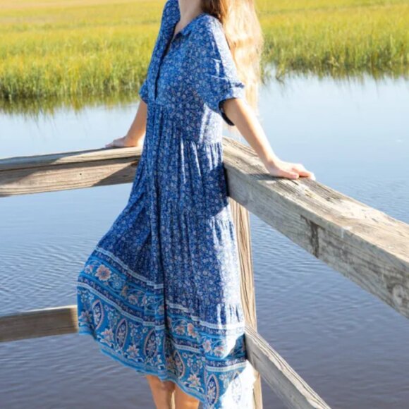 Natural Life Rebecca Blue Floral Tiered Midi Dress Blue Border Calico Print L - Picture 3 of 16